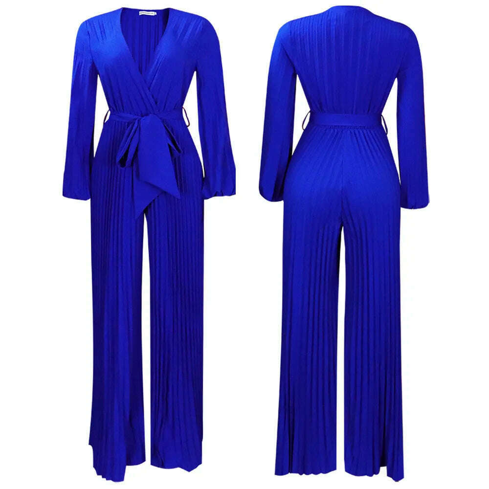 Plus Size Pleated Jumpsuit Female Casual Loose Elegant Clothing Women One Piece Outfit 2023 Autumn Fashion Wide Leg Pants - KIMLUD