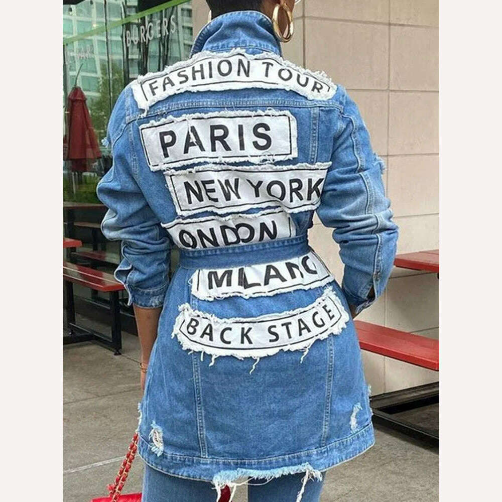 Plus Size Women's Denim Jacket with New Embroidered Letters Casual Foldable Collar Women's Medium Length Jacket Paired with Belt - KIMLUD
