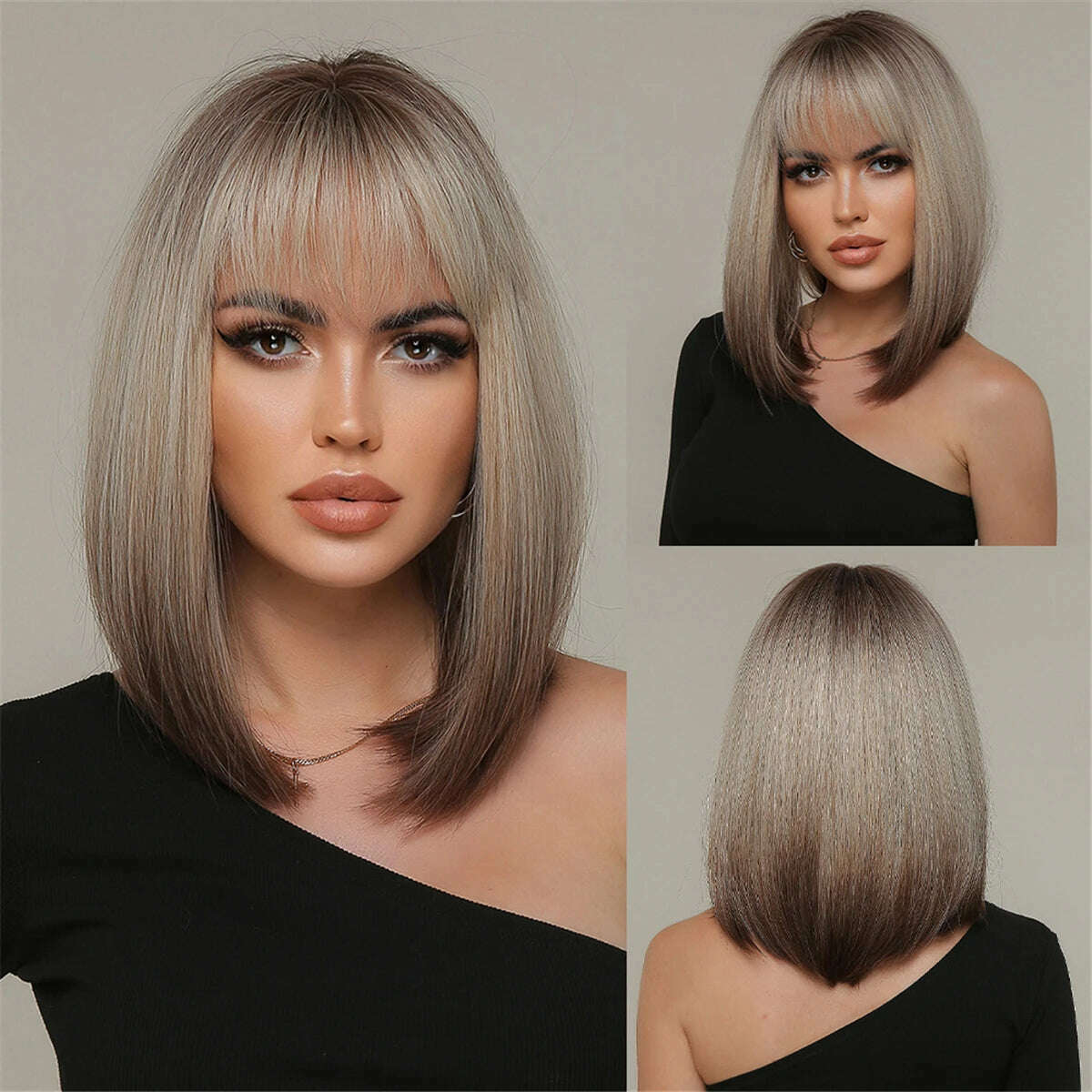 Purple Pink Ombre Black Short Straight Synthetic Wigs with Bangs Bob Wig for Women Daily Cosplay Party Heat Resistant Fake Hairs - KIMLUD