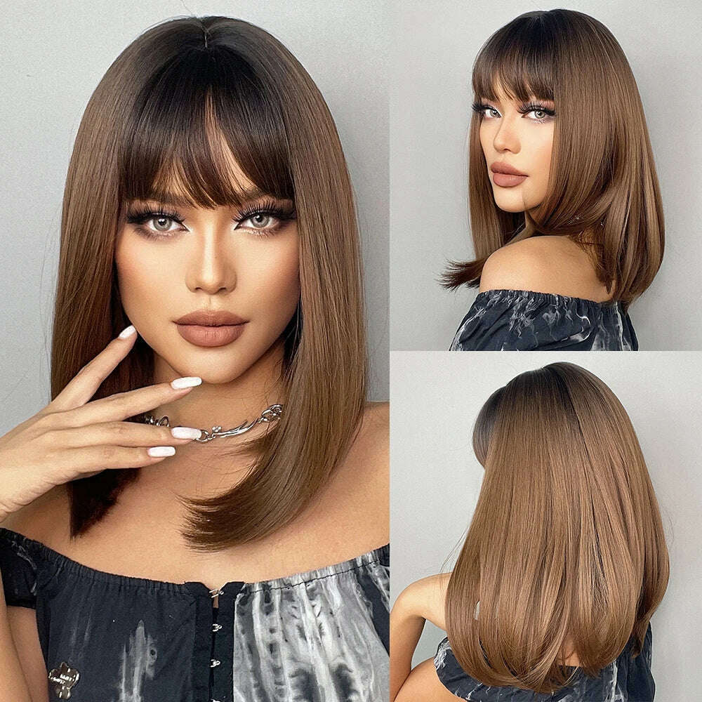Purple Pink Ombre Black Short Straight Synthetic Wigs with Bangs Bob Wig for Women Daily Cosplay Party Heat Resistant Fake Hairs - KIMLUD