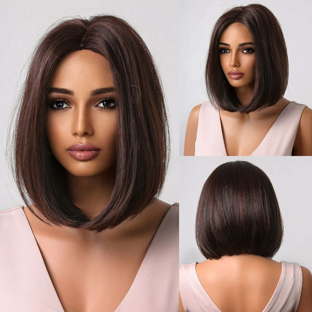 Purple Pink Ombre Black Short Straight Synthetic Wigs with Bangs Bob Wig for Women Daily Cosplay Party Heat Resistant Fake Hairs - KIMLUD