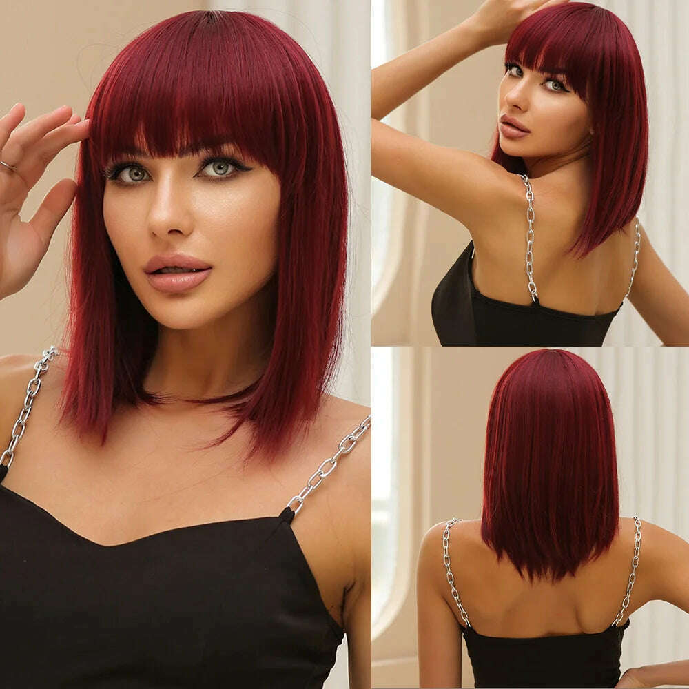 Purple Pink Ombre Black Short Straight Synthetic Wigs with Bangs Bob Wig for Women Daily Cosplay Party Heat Resistant Fake Hairs - KIMLUD