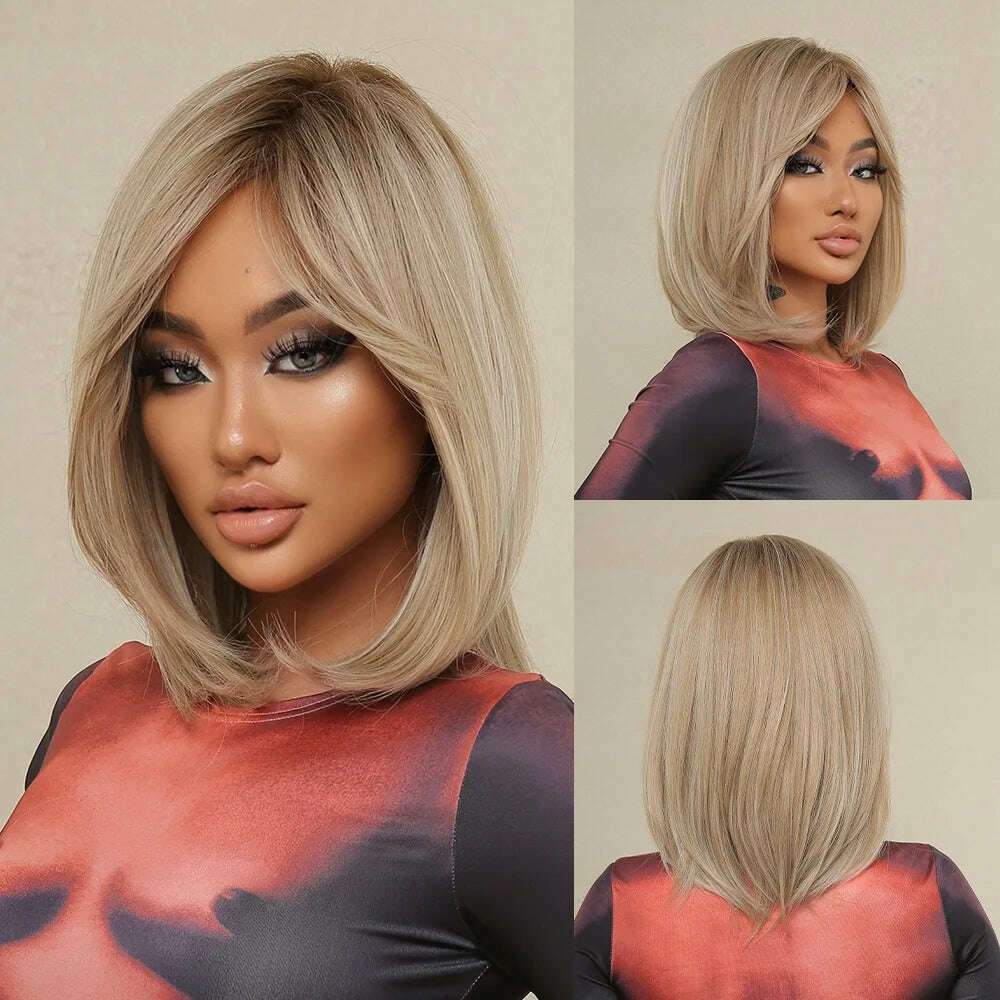 Purple Pink Ombre Black Short Straight Synthetic Wigs with Bangs Bob Wig for Women Daily Cosplay Party Heat Resistant Fake Hairs - KIMLUD