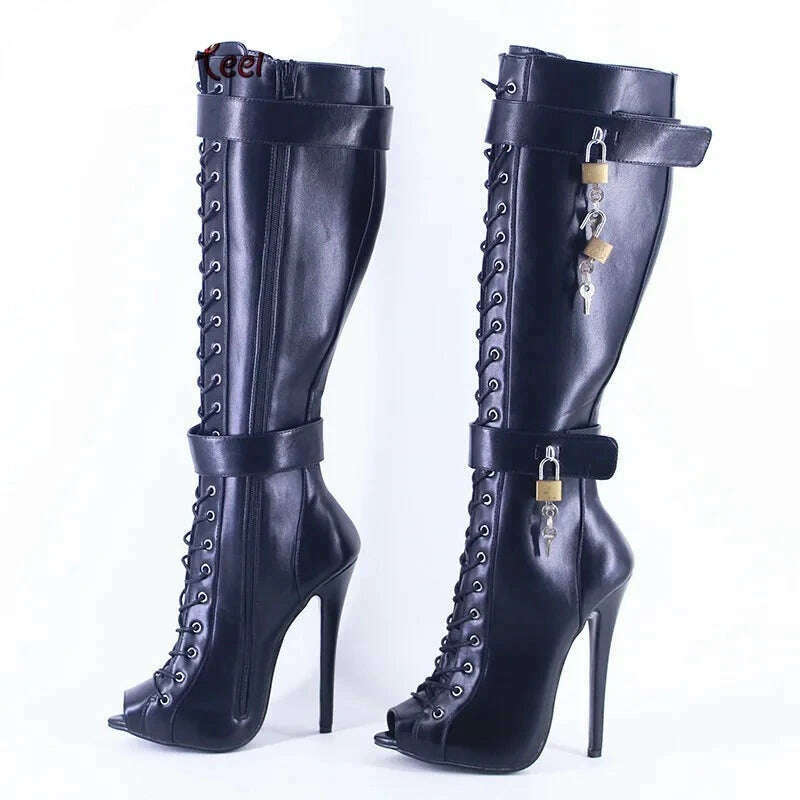 Wonderheel New 16cm Stiletto heel Matte Leather Sexy Peep Toe Nightclub Lockable Padlock Buckles Straps Knee High Boots Big Size - KIMLUD