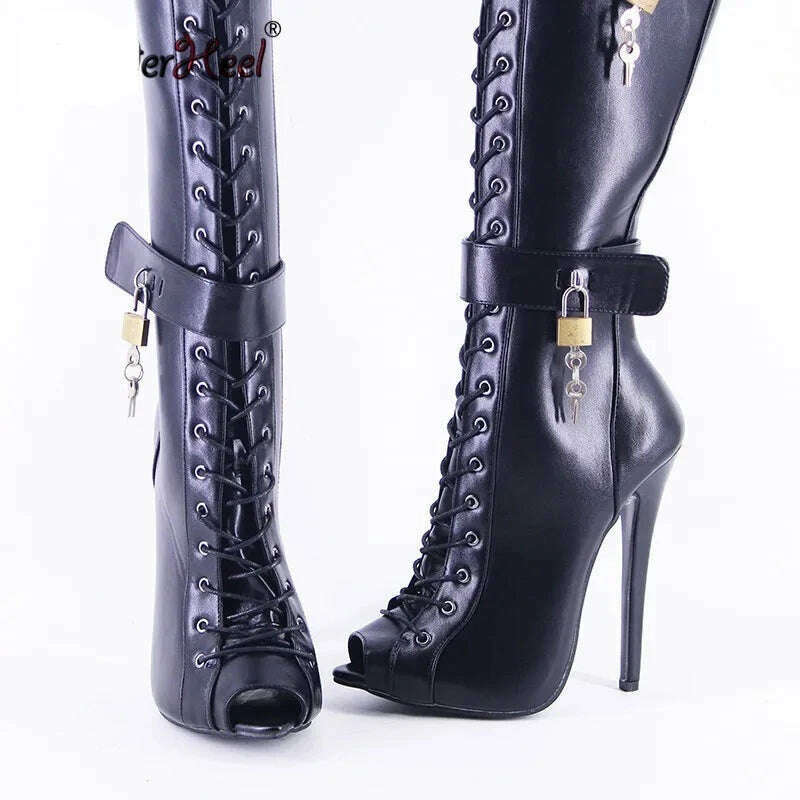 Wonderheel New 16cm Stiletto heel Matte Leather Sexy Peep Toe Nightclub Lockable Padlock Buckles Straps Knee High Boots Big Size - KIMLUD