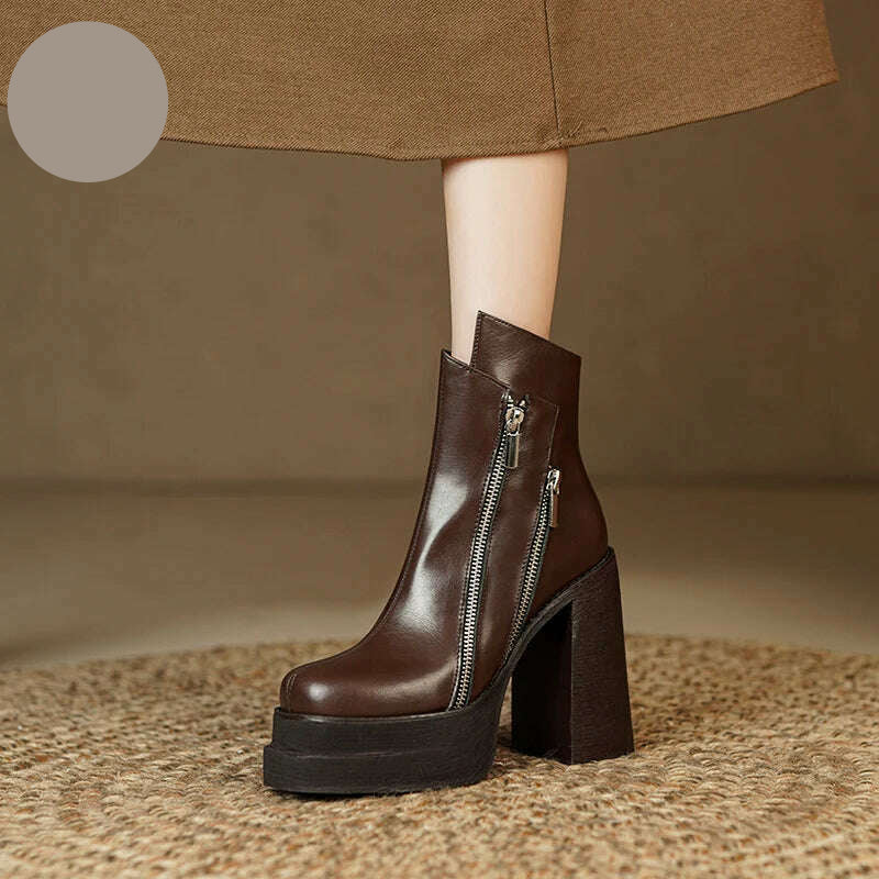 PRXDONG 2023 Classic Women Ankle Boots Dress Working Autumn Winter Casual Thick High Heels Genuine Leather Shoes Woman Size 39 - KIMLUD