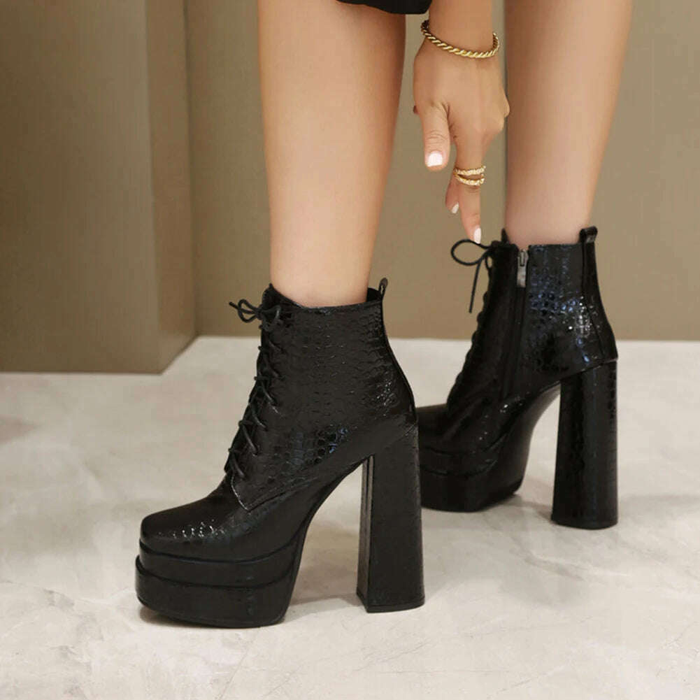 Punk Goth women't Boots Chunky High Heels Lae Up Double Platform Shoes Zipper Luxury Elegant Sexy Fashion Women Ankle Boots - KIMLUD