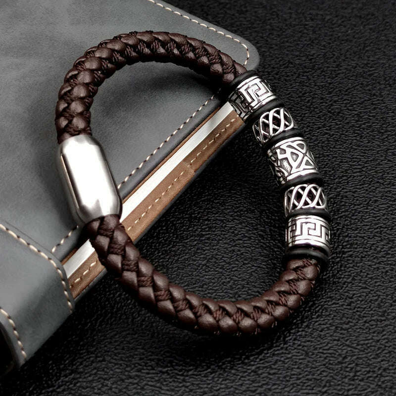 Punk Style Coffee Leather Bracelet 316L Stainless Steel 5 Viking Bead Bracelet Powerful Magnet Clasp 4 Color Friend Gifts - KIMLUD