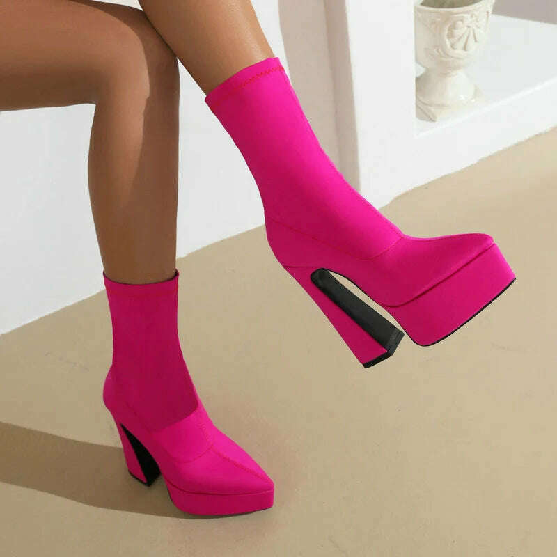 Purple Blue Rose Red Black Women Ankle Boots Platform Square High Heel Ladies Short Boots Elastic Fabric Pointed Toe Dress Shoes - KIMLUD
