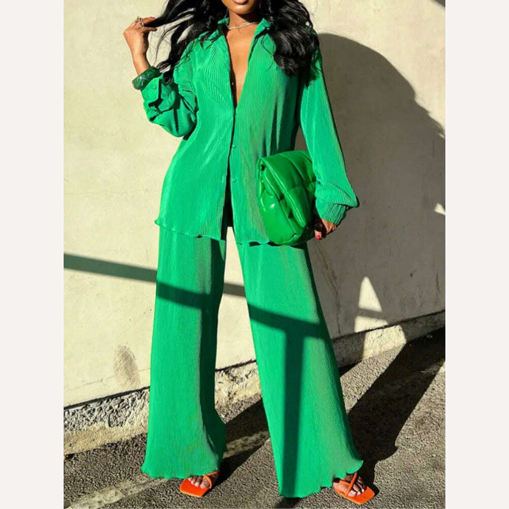 KIMLUD, QFAF Fashion Pleated Women&#39;s Set Long Sleeve Oversized Shirt and Wide Leg Pants 2023 Elegant Tracksuit Two 2 Piece Set Outfits, Green / XXL, KIMLUD Womens Clothes