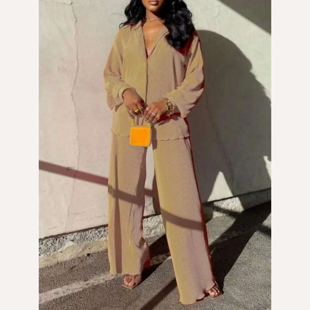 QFAF Fashion Pleated Women's Set Long Sleeve Oversized Shirt and Wide Leg Pants 2023 Elegant Tracksuit Two 2 Piece Set Outfits - KIMLUD