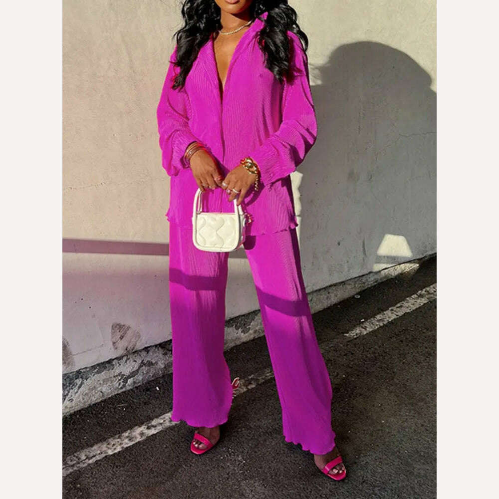 QFAF Fashion Pleated Women's Set Long Sleeve Oversized Shirt and Wide Leg Pants 2023 Elegant Tracksuit Two 2 Piece Set Outfits - KIMLUD