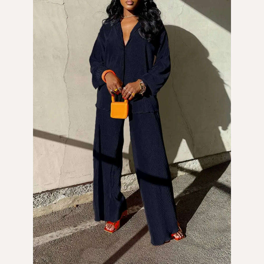 QFAF Fashion Pleated Women's Set Long Sleeve Oversized Shirt and Wide Leg Pants 2023 Elegant Tracksuit Two 2 Piece Set Outfits - KIMLUD
