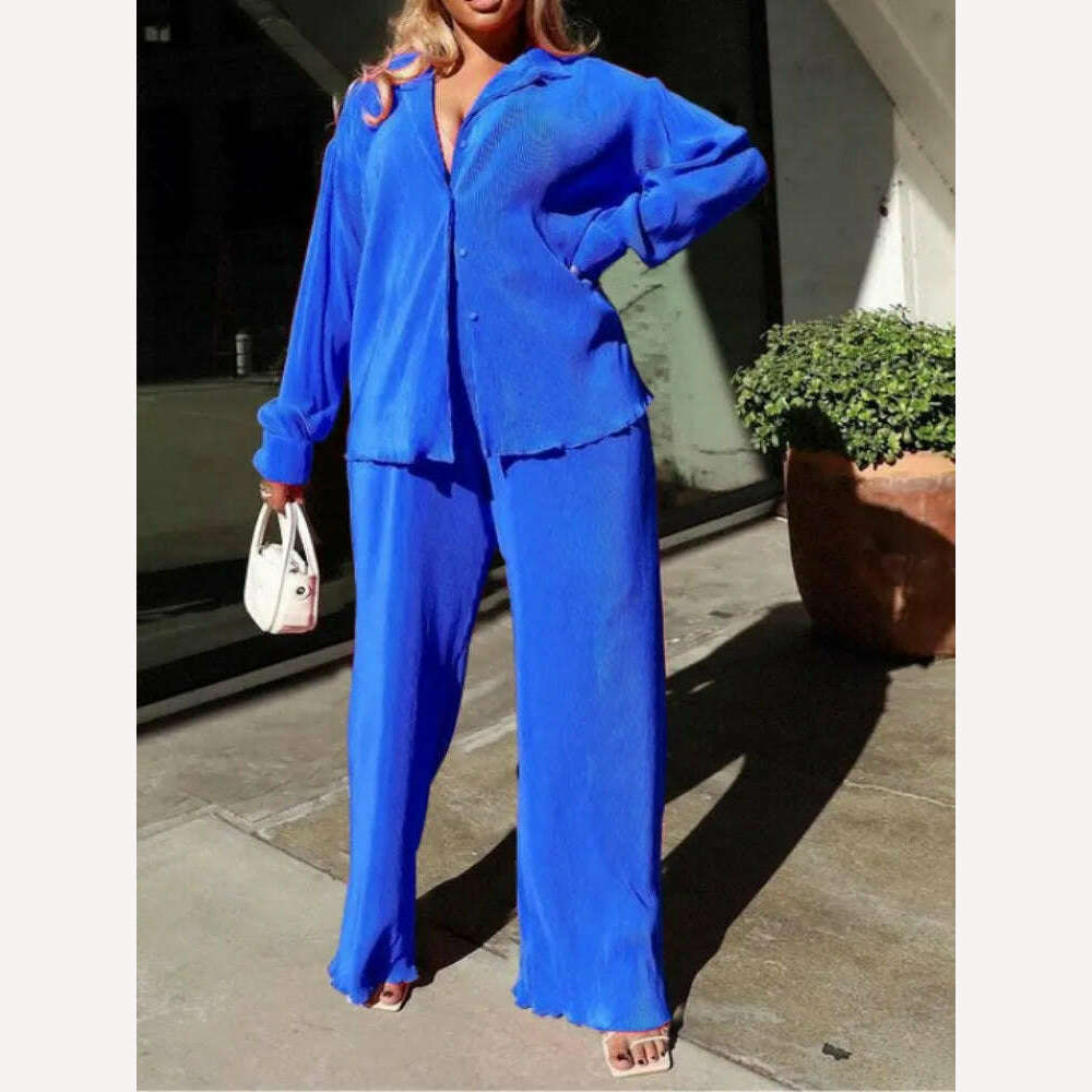 QFAF Fashion Pleated Women's Set Long Sleeve Oversized Shirt and Wide Leg Pants 2023 Elegant Tracksuit Two 2 Piece Set Outfits - KIMLUD