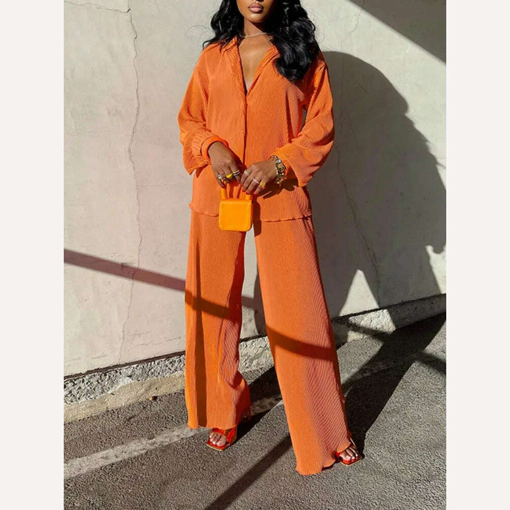 QFAF Fashion Pleated Women's Set Long Sleeve Oversized Shirt and Wide Leg Pants 2023 Elegant Tracksuit Two 2 Piece Set Outfits - KIMLUD