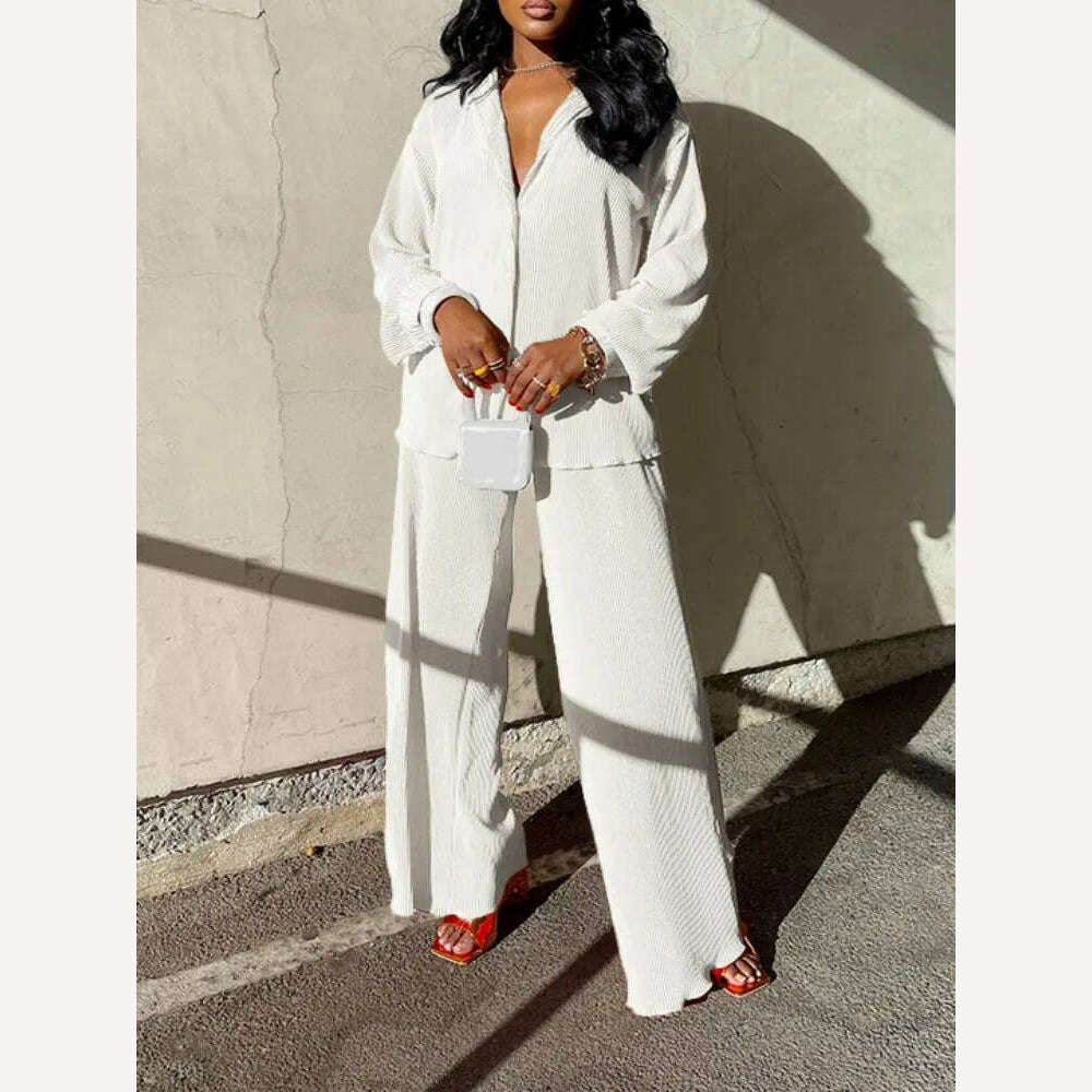 QFAF Fashion Pleated Women's Set Long Sleeve Oversized Shirt and Wide Leg Pants 2023 Elegant Tracksuit Two 2 Piece Set Outfits - KIMLUD