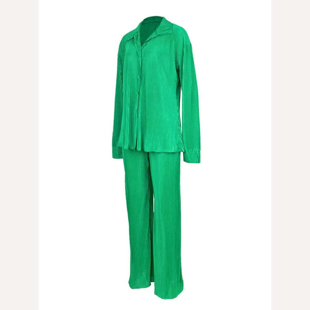 QFAF Fashion Pleated Women's Set Long Sleeve Oversized Shirt and Wide Leg Pants 2023 Elegant Tracksuit Two 2 Piece Set Outfits - KIMLUD