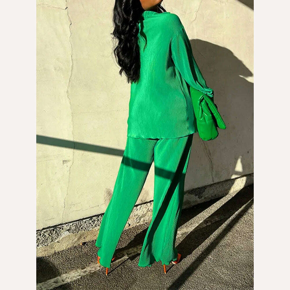 QFAF Fashion Pleated Women's Set Long Sleeve Oversized Shirt and Wide Leg Pants 2023 Elegant Tracksuit Two 2 Piece Set Outfits - KIMLUD