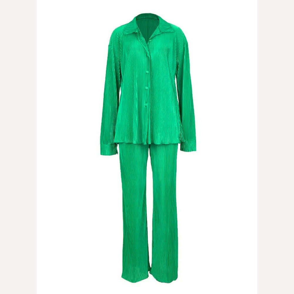 QFAF Fashion Pleated Women's Set Long Sleeve Oversized Shirt and Wide Leg Pants 2023 Elegant Tracksuit Two 2 Piece Set Outfits - KIMLUD