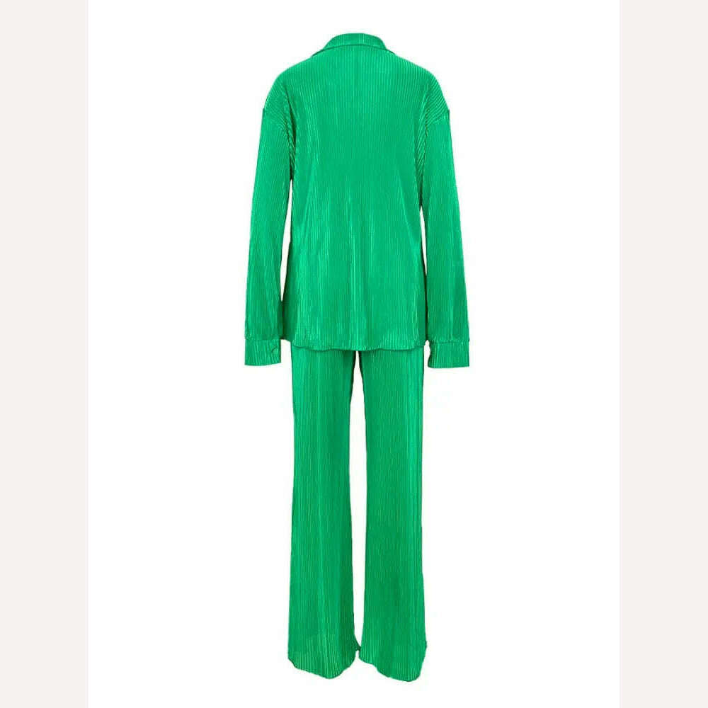 QFAF Fashion Pleated Women's Set Long Sleeve Oversized Shirt and Wide Leg Pants 2023 Elegant Tracksuit Two 2 Piece Set Outfits - KIMLUD