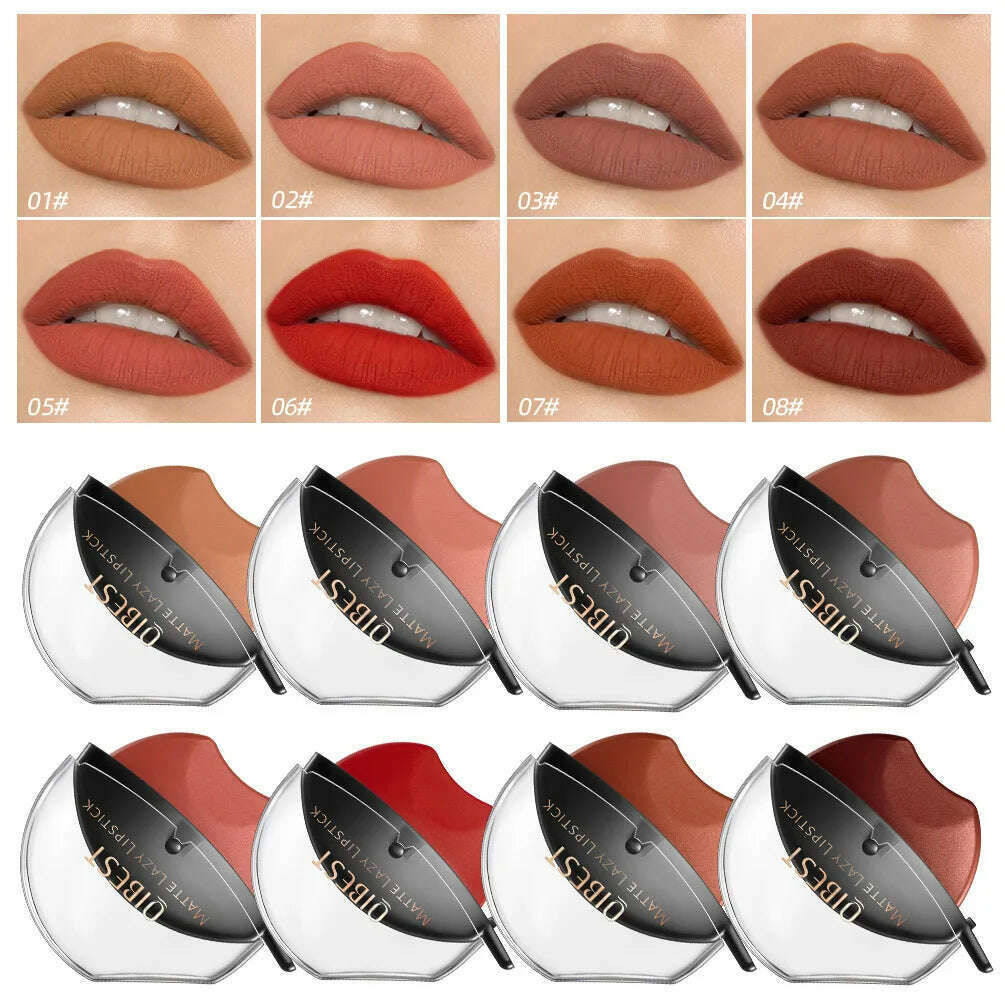 QIBEST Lip-shaped Lipstick Makeup Lazy Lipstick Velvet Matte Moisturizing Lip Gloss Waterproof Non-stick Cup Long Lasting Makeup - KIMLUD