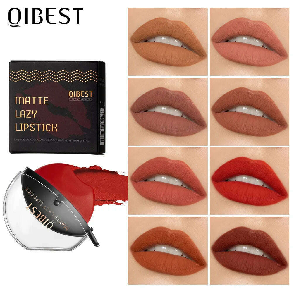 QIBEST Lip-shaped Lipstick Makeup Lazy Lipstick Velvet Matte Moisturizing Lip Gloss Waterproof Non-stick Cup Long Lasting Makeup - KIMLUD