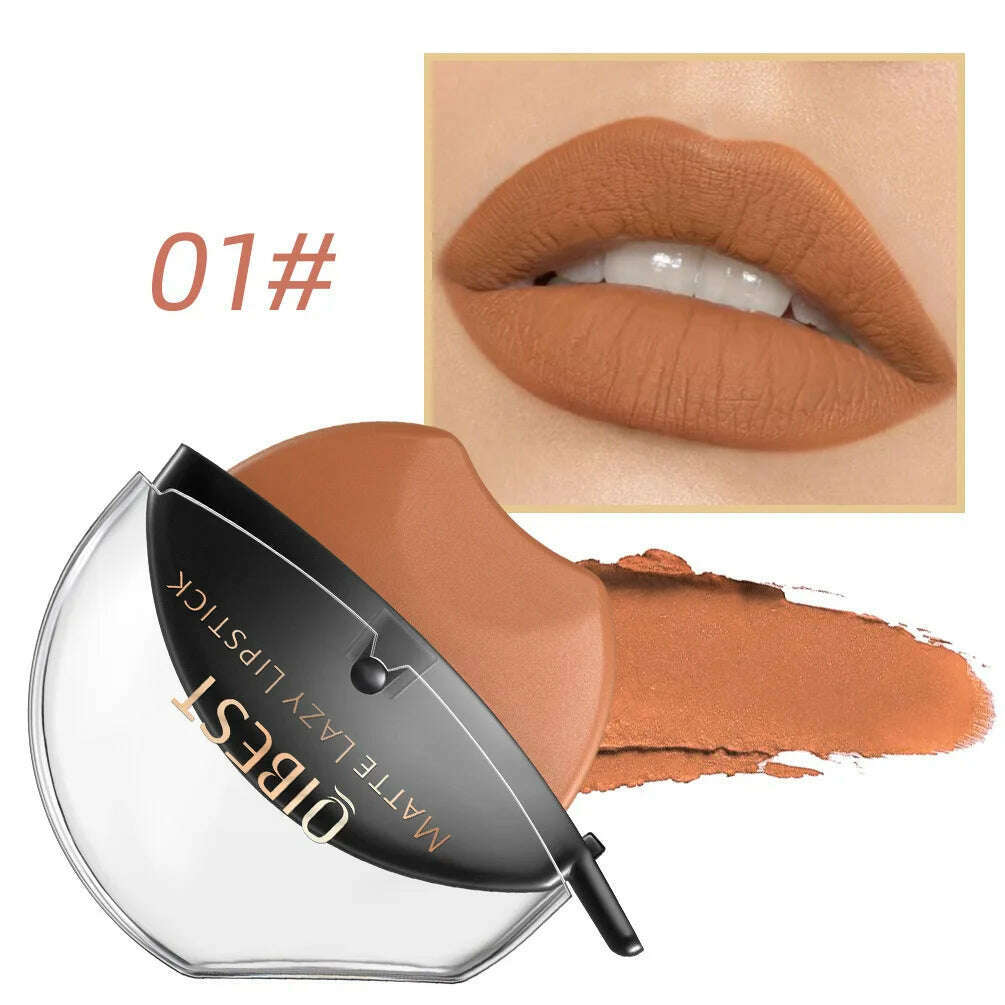 QIBEST Lip-shaped Lipstick Makeup Lazy Lipstick Velvet Matte Moisturizing Lip Gloss Waterproof Non-stick Cup Long Lasting Makeup - KIMLUD