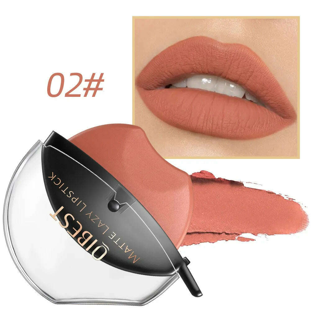 QIBEST Lip-shaped Lipstick Makeup Lazy Lipstick Velvet Matte Moisturizing Lip Gloss Waterproof Non-stick Cup Long Lasting Makeup - KIMLUD