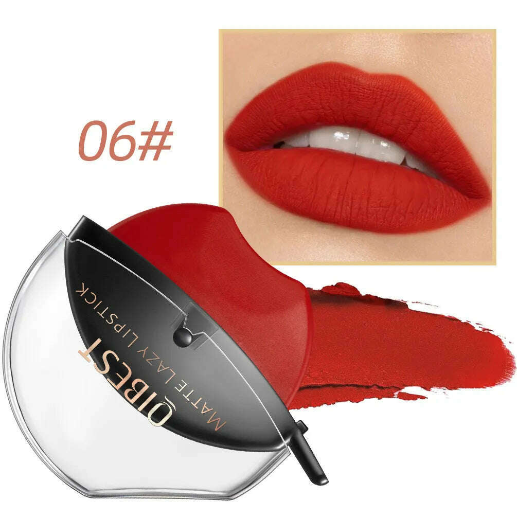 QIBEST Lip-shaped Lipstick Makeup Lazy Lipstick Velvet Matte Moisturizing Lip Gloss Waterproof Non-stick Cup Long Lasting Makeup - KIMLUD
