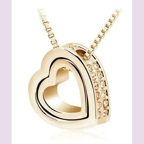 quality float double Heart Pendant sweater chain Necklace crystal shine rhinestone charm birthday gift girls wed fashion jewelry - KIMLUD