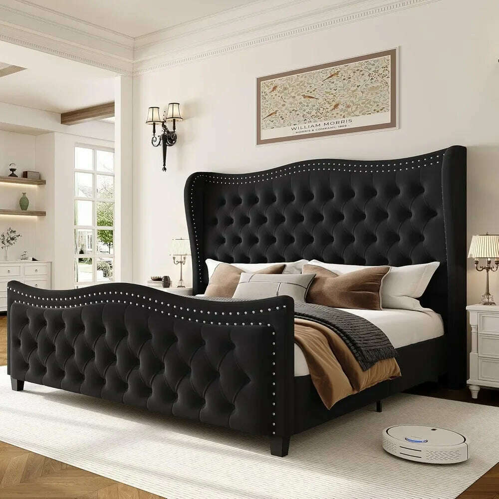 KIMLUD, Queen Bed Frame, Velvet Handmade Pleats Deep Button Tufted Wingback Platform Bed, No Box Spring Required,Black,Bed Frames, KIMLUD Womens Clothes