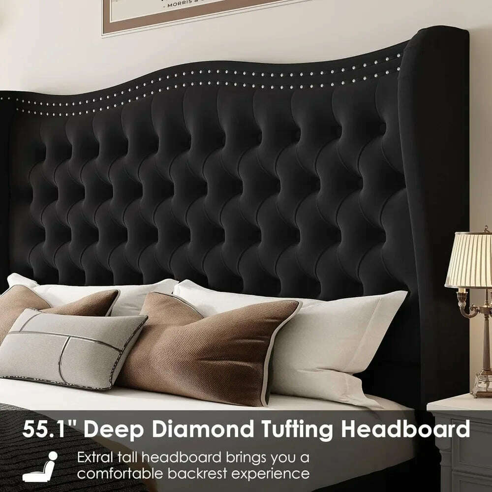 KIMLUD, Queen Bed Frame, Velvet Handmade Pleats Deep Button Tufted Wingback Platform Bed, No Box Spring Required,Black,Bed Frames, KIMLUD Womens Clothes