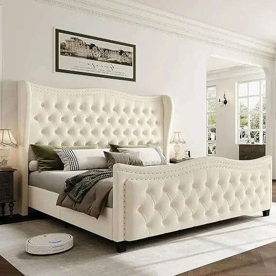 KIMLUD, Queen Bed Frame, Velvet Handmade Pleats Deep Button Tufted Wingback Platform Bed, No Box Spring Required,Black,Bed Frames, Beige / King / United States, KIMLUD APPAREL - Womens Clothes