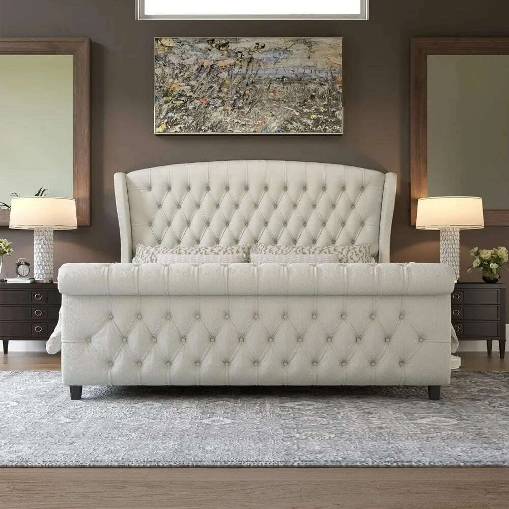 Queen Size Bed Frame, Chenille Upholstered Sleigh Bed with Scroll Wingback Headboard & Footboard/Button Tufted, Queen Bed Frame - KIMLUD