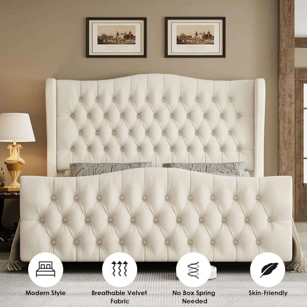 KIMLUD, Queen Size Tall Platform Bed Frame with Wingback Headboard and Footboard,Velvet Upholstered Bed Frame,No Box Spring Needed, KIMLUD Womens Clothes