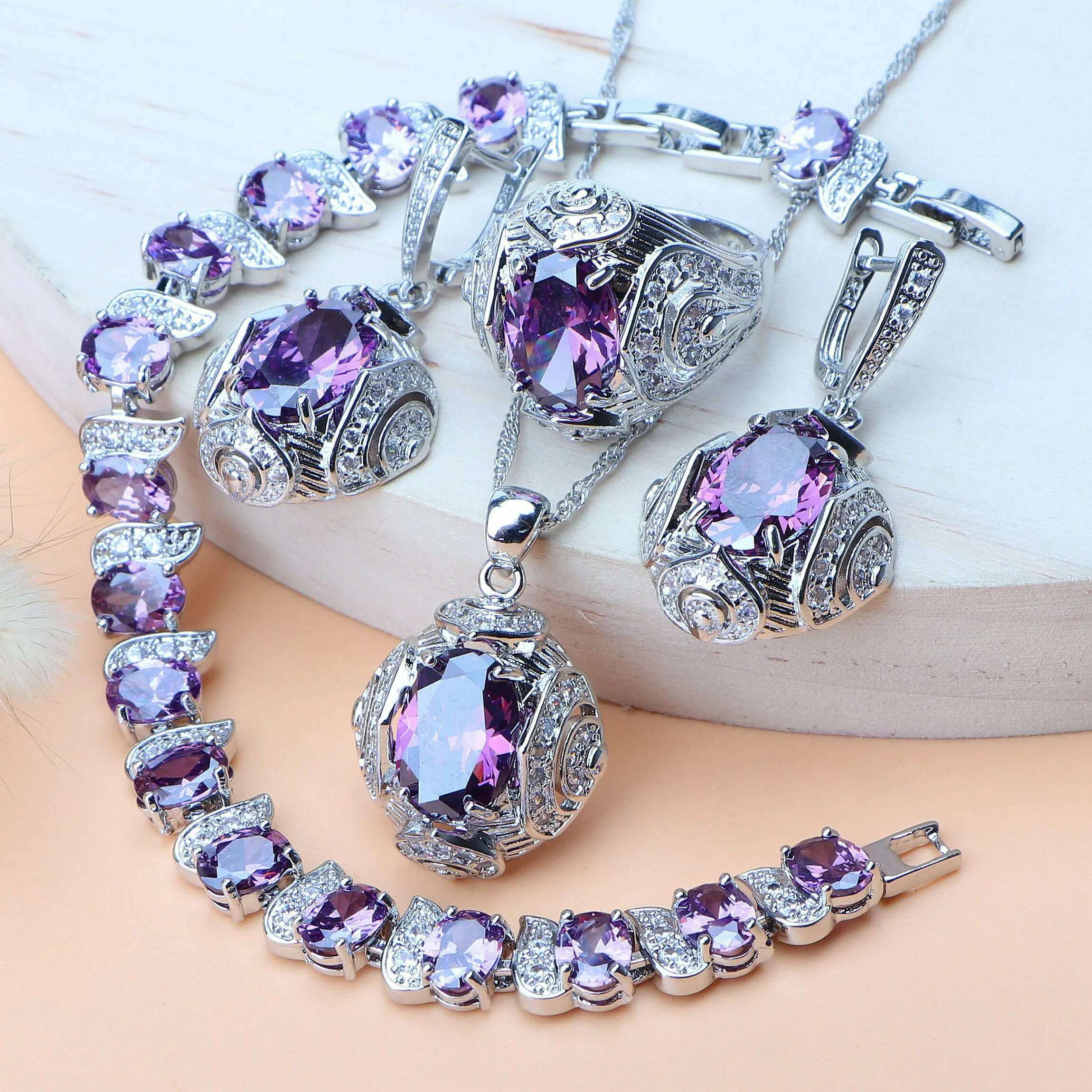 KIMLUD, Rainbow Natural Zircon Jewelry Sets 925 Sterling Silver Women Wedding Jewelry Earrings Bracelets Rings Pendant Necklace Set, 4PCS-Purple / 10, KIMLUD APPAREL - Womens Clothes