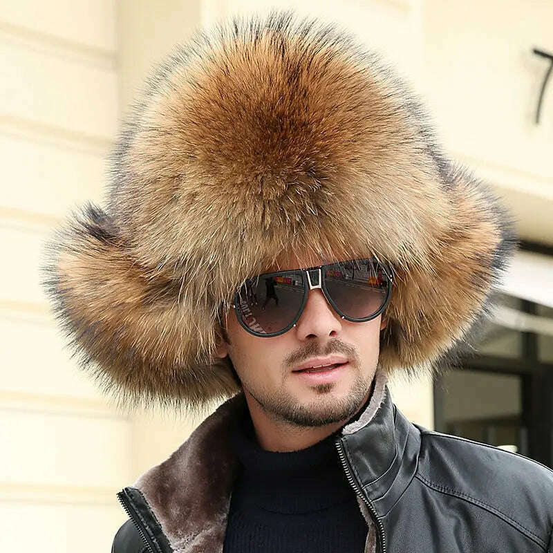 Real Fur 100% Fox Skin Russian Businessmen Pilot Bombers Full Mao Men's hat Ushanka Winter Ear Guard Hat Raccoon Fur Beanie hat - KIMLUD