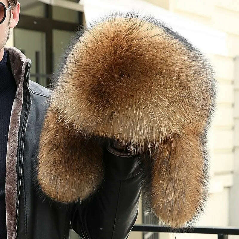 Real Fur 100% Fox Skin Russian Businessmen Pilot Bombers Full Mao Men's hat Ushanka Winter Ear Guard Hat Raccoon Fur Beanie hat - KIMLUD