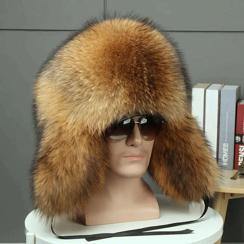 Real Fur 100% Fox Skin Russian Businessmen Pilot Bombers Full Mao Men's hat Ushanka Winter Ear Guard Hat Raccoon Fur Beanie hat - KIMLUD