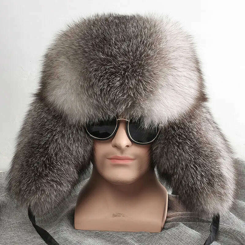 Real Fur 100% Fox Skin Russian Businessmen Pilot Bombers Full Mao Men's hat Ushanka Winter Ear Guard Hat Raccoon Fur Beanie hat - KIMLUD