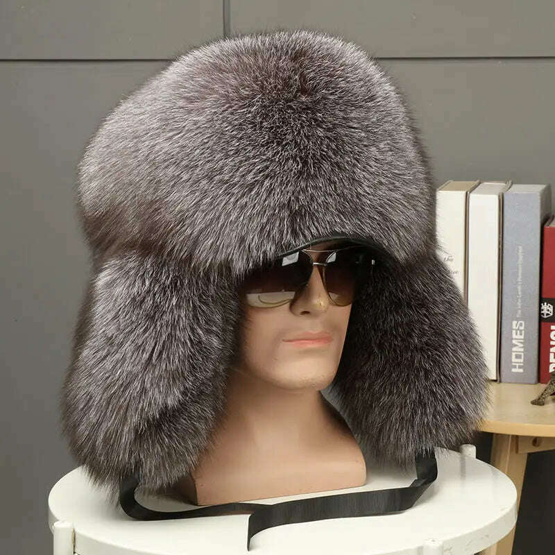 Real Fur 100% Fox Skin Russian Businessmen Pilot Bombers Full Mao Men's hat Ushanka Winter Ear Guard Hat Raccoon Fur Beanie hat - KIMLUD