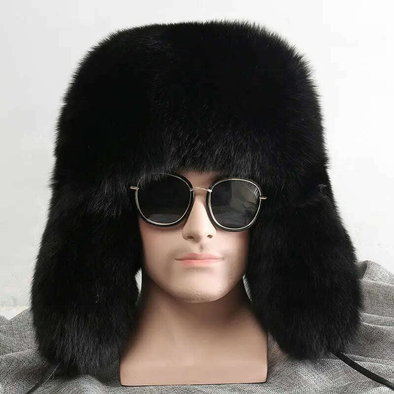 Real Fur 100% Fox Skin Russian Businessmen Pilot Bombers Full Mao Men's hat Ushanka Winter Ear Guard Hat Raccoon Fur Beanie hat - KIMLUD