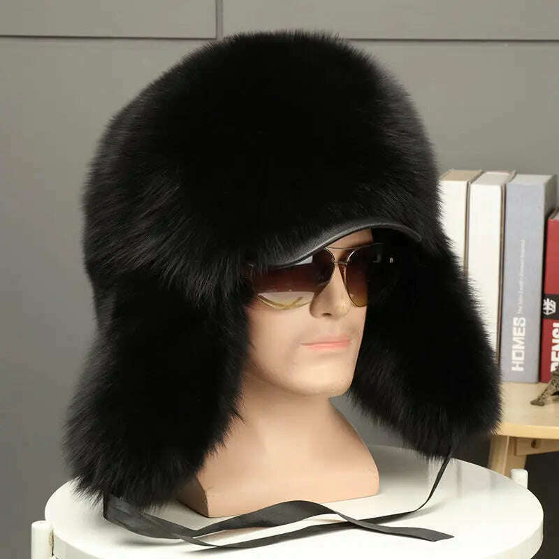 Real Fur 100% Fox Skin Russian Businessmen Pilot Bombers Full Mao Men's hat Ushanka Winter Ear Guard Hat Raccoon Fur Beanie hat - KIMLUD