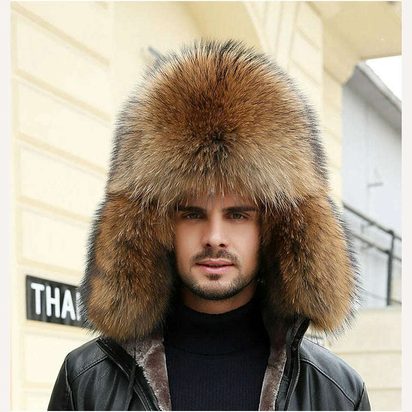 Real Fur 100% Fox Skin Russian Businessmen Pilot Bombers Full Mao Men's hat Ushanka Winter Ear Guard Hat Raccoon Fur Beanie hat - KIMLUD