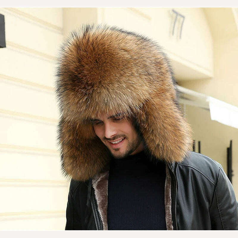 Real Fur 100% Fox Skin Russian Businessmen Pilot Bombers Full Mao Men's hat Ushanka Winter Ear Guard Hat Raccoon Fur Beanie hat - KIMLUD