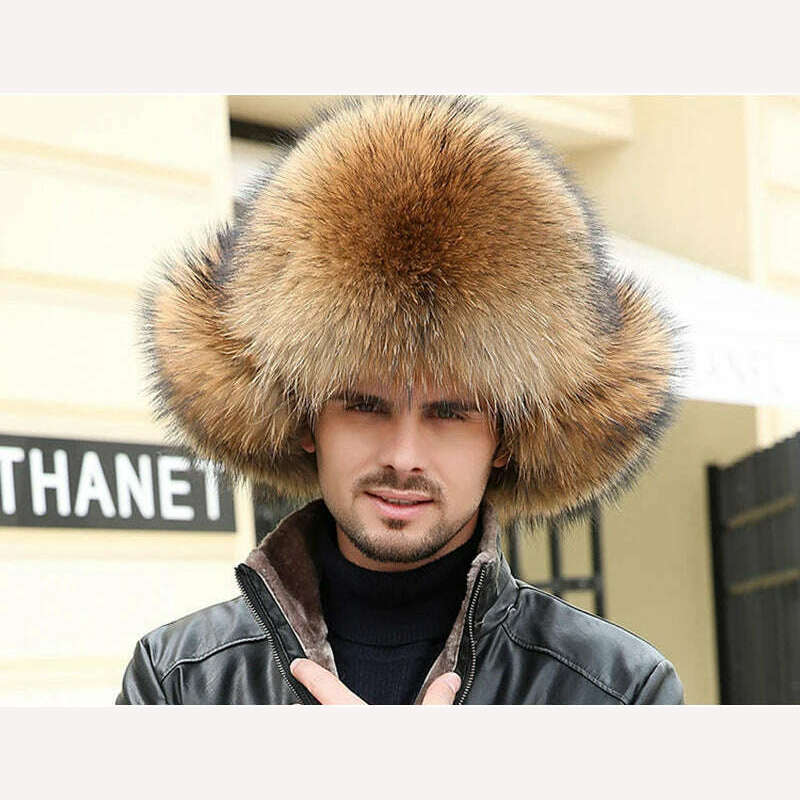 Real Fur 100% Fox Skin Russian Businessmen Pilot Bombers Full Mao Men's hat Ushanka Winter Ear Guard Hat Raccoon Fur Beanie hat - KIMLUD