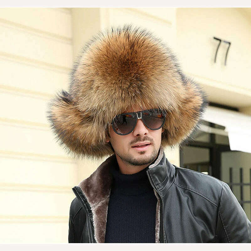 Real Fur 100% Fox Skin Russian Businessmen Pilot Bombers Full Mao Men's hat Ushanka Winter Ear Guard Hat Raccoon Fur Beanie hat - KIMLUD