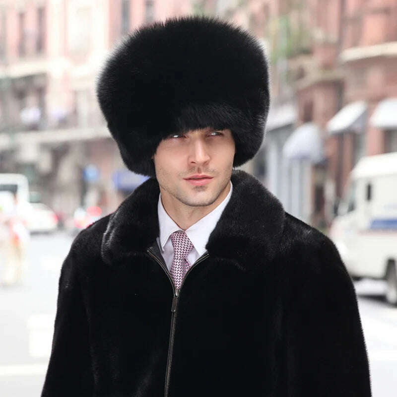 Real Fur 100% Fox Skin Russian Businessmen Pilot Bombers Full Mao Men's hat Ushanka Winter Ear Guard Hat Raccoon Fur Cap - KIMLUD