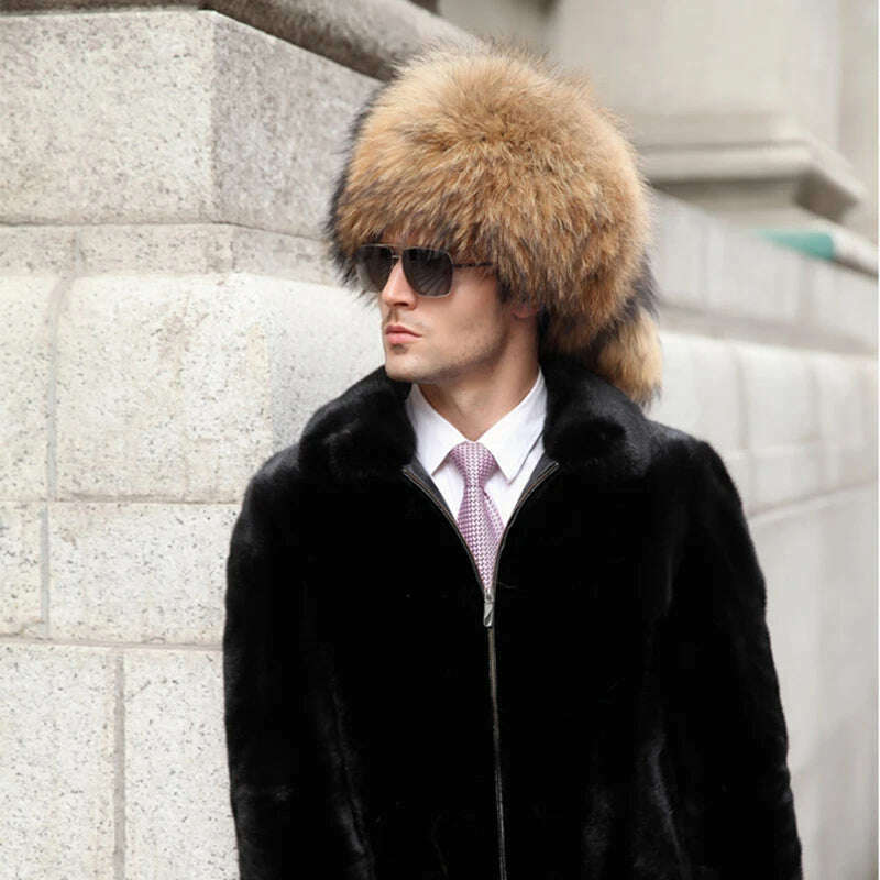 Real Fur 100% Fox Skin Russian Businessmen Pilot Bombers Full Mao Men's hat Ushanka Winter Ear Guard Hat Raccoon Fur Cap - KIMLUD