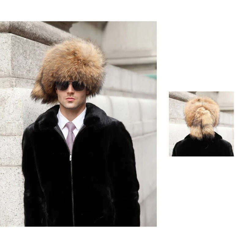Real Fur 100% Fox Skin Russian Businessmen Pilot Bombers Full Mao Men's hat Ushanka Winter Ear Guard Hat Raccoon Fur Cap - KIMLUD